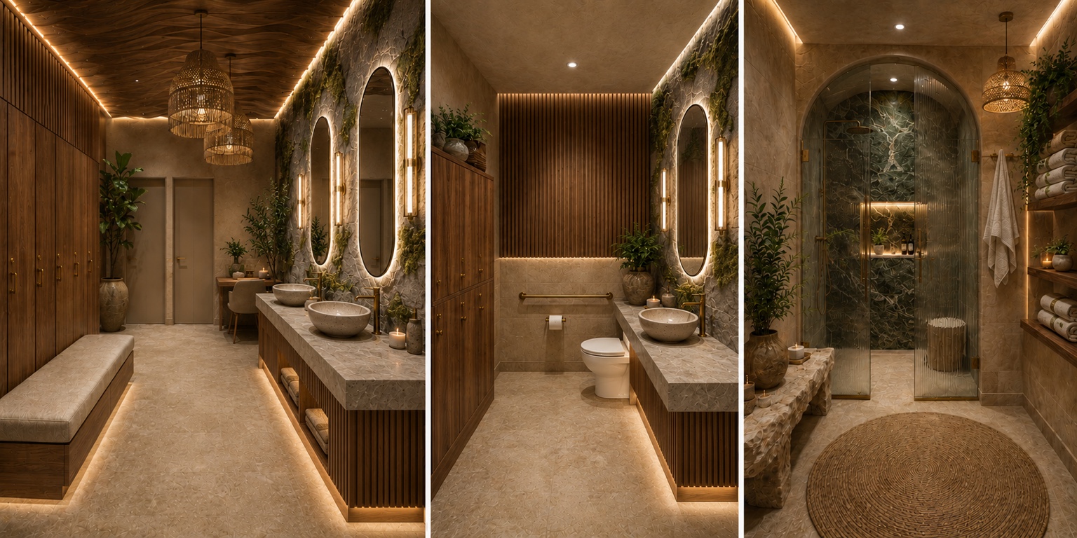 Glow Haus changing-room concept showing oak lockers, stone vanities and an arched private shower