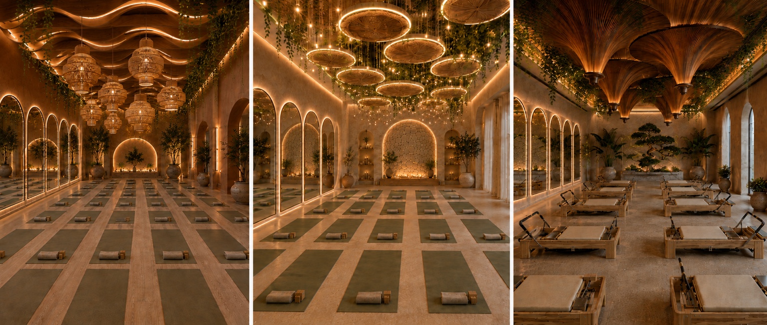 Glow Haus concept showing two mirrored yoga and mat studios and a reformer Pilates room with sculptural lighting and ceiling greenery