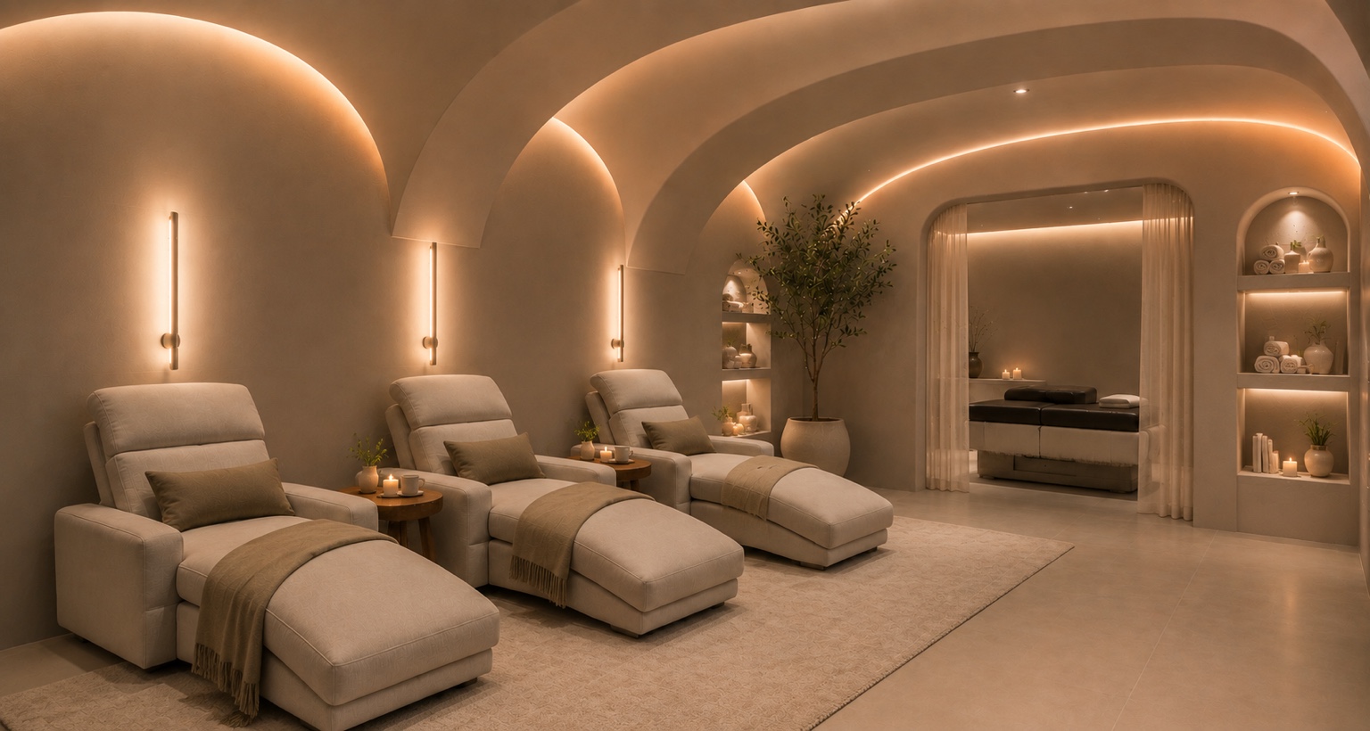 Warm stone and clay Glow Haus recovery lounge with private treatment room and softly lit reclining chairs