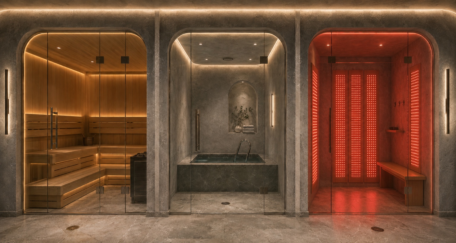 Glow Haus recovery suite with a wood sauna, stone cold plunge and red-light therapy room