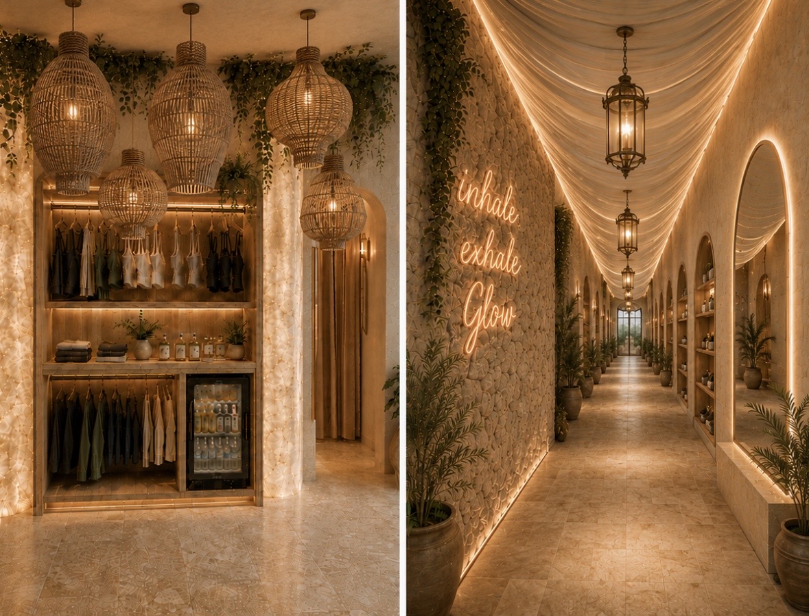 Glow Haus retail display with oversized woven lights beside the signature hallway with illuminated inhale, exhale, Glow lettering